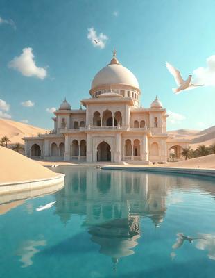 The primary subject of the image is a large white building, possibly a palace or a mosque, with a reflecting pool in front of it. The building is surrounded by a desert-like environment, which adds to the overall atmosphere of the scene. The visual style of the image is a combination of photo and digital art, creating a unique and intriguing representation of the building and its surroundings. The colors in the image are predominantly white, which gives the scene a clean and serene appearance.